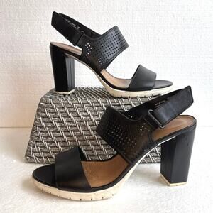 Clarks Pastina Mallory Block Heel Leather Sandals Black/White Womens Size 10